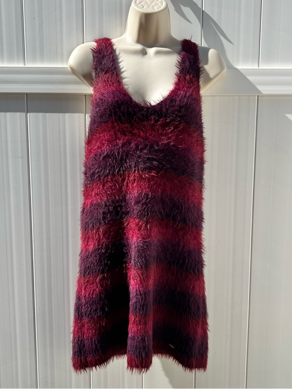 Savage X Fenty Fuzzy Striped Sleeveless Tank Dress Burgundy & Deep Plum | Large
